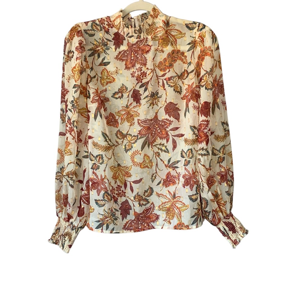 A. Calin‎ Floral Blouse Smocked Mock Neck Long Sleeve Sheer Top Size S